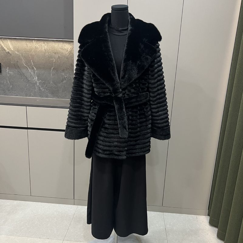 Women's Clothing Eco Friendly Fur Coat, Faux Mink Fur, Short Suit Collar With Horizontal Stripe Belt_voghion.com