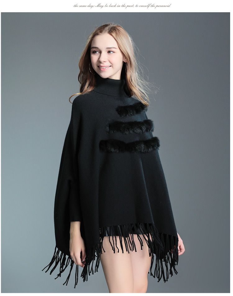 Cape à pompon grande taille Cape Pull à manches chauve-souris pour femme Manteau pull à col roulé mi-long_voghion.com