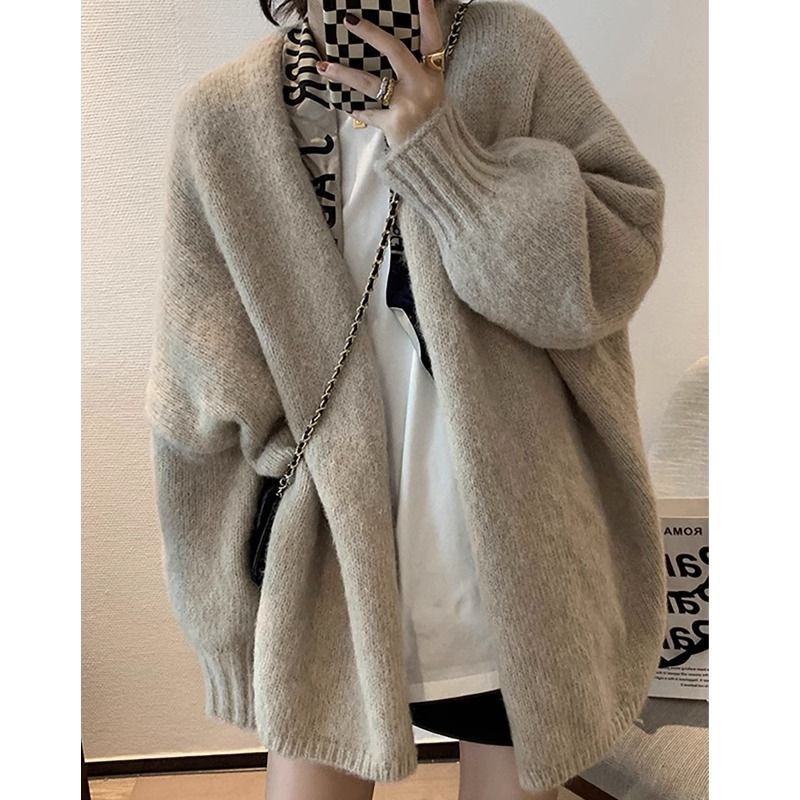 Cardigan in maglia morbida – Maglione oversize con scollo a V e maniche a principessa, trama a coste, color avena e grigio (S-XL)_voghion.com