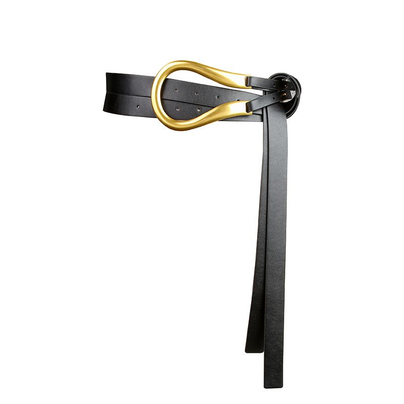 Nuova cintura in pelle di mucca da donna, versione coreana, versatile, fibbia a ferro di cavallo, cintura sottile annodata con sigillo in vita per cappotto, giacca a vento, abito, nero_voghion.com