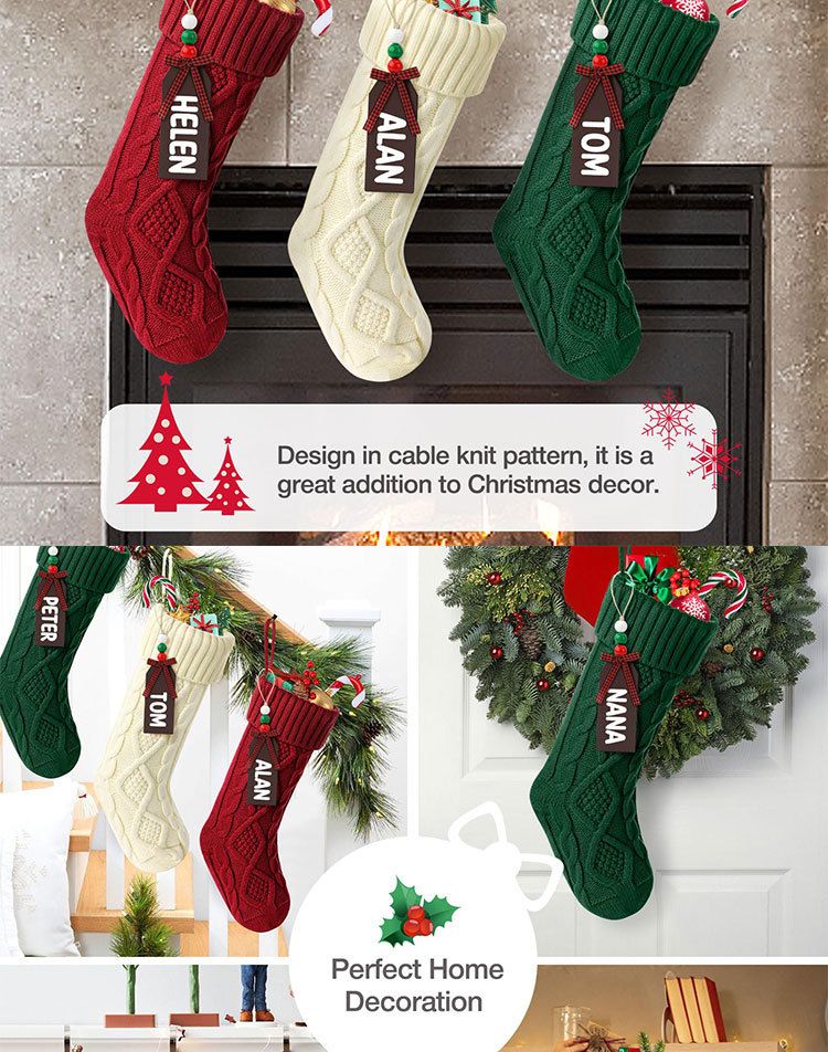 Gezellige gebreide kerstsokken met houten kralenlabels - feestelijke decoratie voor de open haard, kerstboom en cadeauzakjes (groen/rood/wit 32 cm)_voghion.com