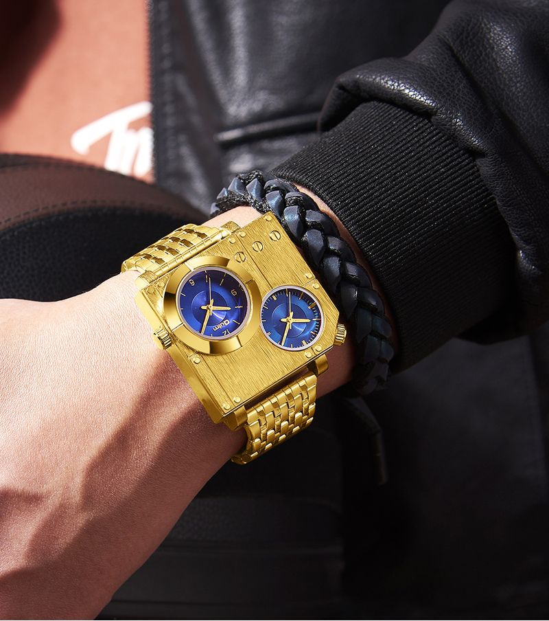 Men's Square Casual Watch With Dual Time Zone, Stainless Steel Band, Gold Tone, Japanese Quartz Movement Dual Time Zone Steel Belt Quartz Watch_voghion.com