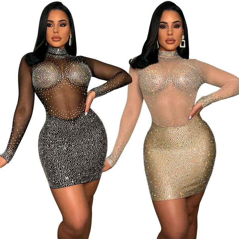 Damenbekleidung Modisches und sexy Mesh-Kleid mit langen Ärmeln und heißem Diamanten für Damen_voghion.com