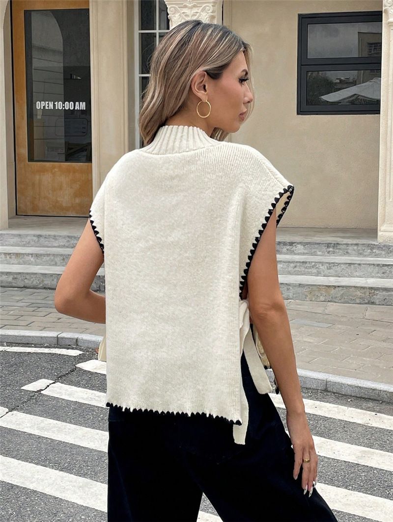 Dameskleding Dames Mouwloos Trui Vest Eenvoudig Ontwerp Contrasterende Kleur Strik Top_voghion.com