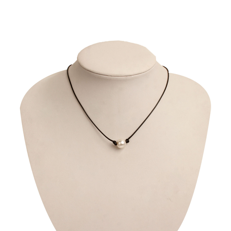 Simple Fashion Choker Necklace Thin Black Leather Rope Maxi Necklaces With Pear Beads Short Necklace Women_voghion.com