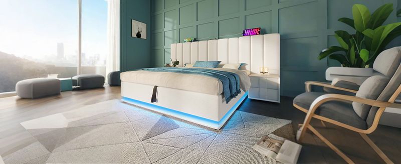 Lit double 160 x 200 cm avec rangement intégré, éclairage LED et recharge USB-C via application, sommier à lattes et matelas inclus, similicuir, blanc_voghion.com