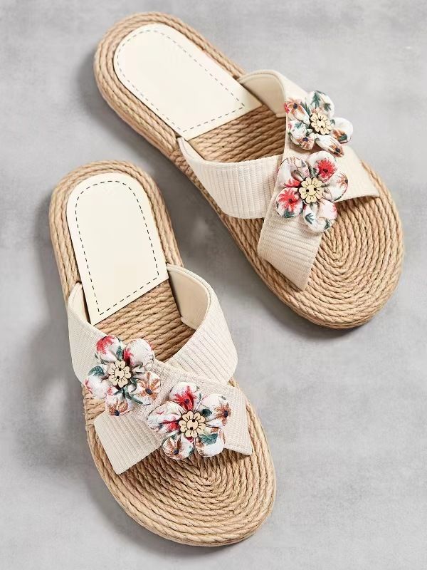Scarpe da donna, nuove pantofole estive da donna, con una sola linea, con fondo in corda, tinta unita, tendenza moda, per interni ed esterni, con sei piccoli fiori._voghion.com