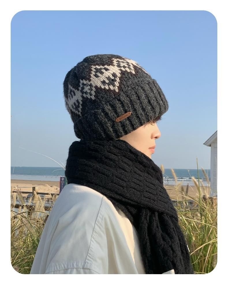 Fleece-Lined Knitted For Men Fair Isle Knit Head Wrap Black Cold Autumn Winter Men's Wool Hat_voghion.com