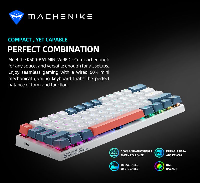 he K500-B61 Mini Mechanical 60% Form Factor 61Keys Gaming Keyboard Wired Full Key Hot-Swappable RGB Backlit_voghion.com