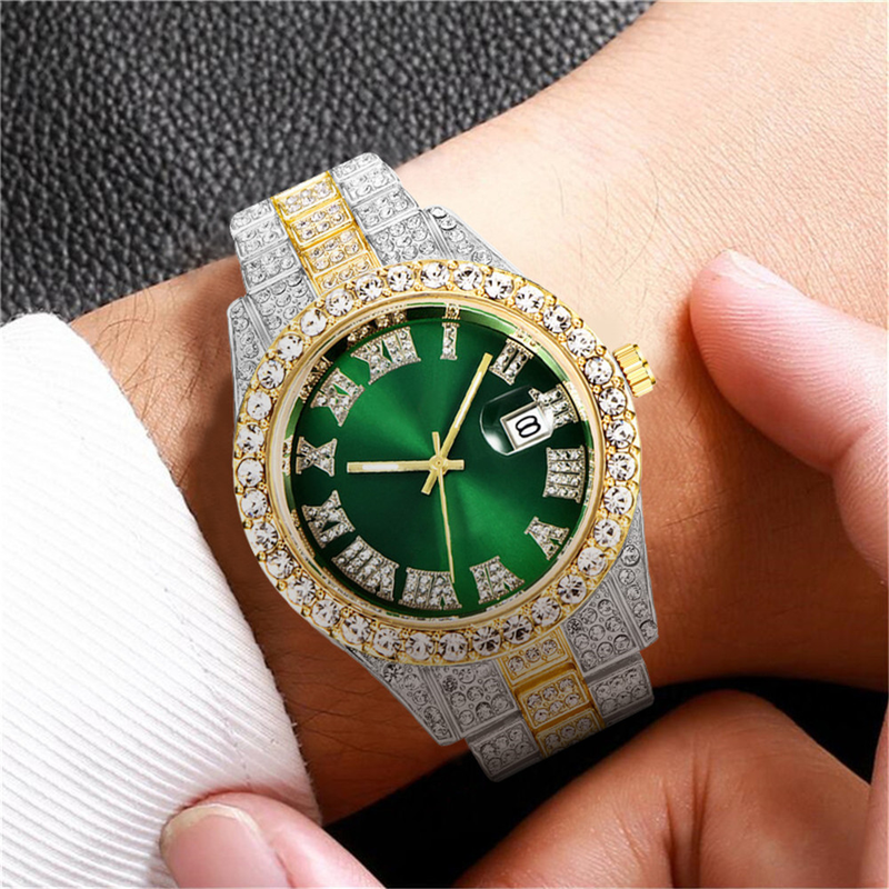 Nieuwe Europese en Amerikaanse Water Ghost Grote Water Diamant Ingelegde Romeinse Schaal Kalender Hip Hop Heren Gouden Horloge Vol Diamanten Horloge_voghion.com