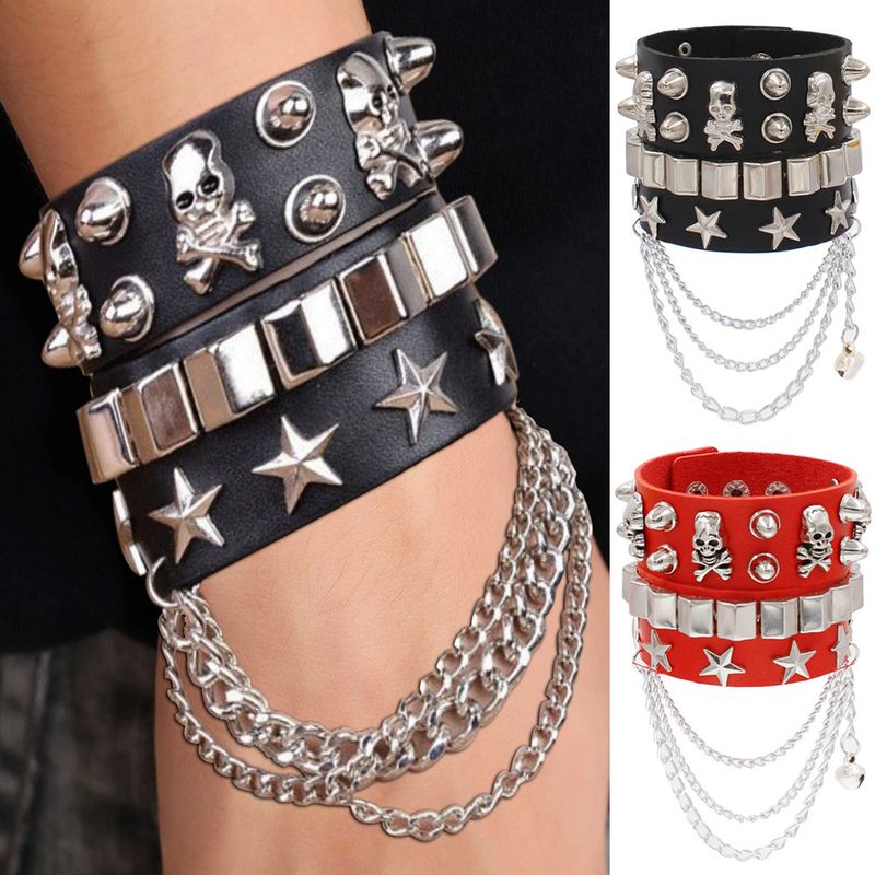 Fashionable Multi-layer Leather Wide Bracelet Personalized And Domineering Skeleton Rivet Punk Street Dance Bracelet Accessory_voghion.com
