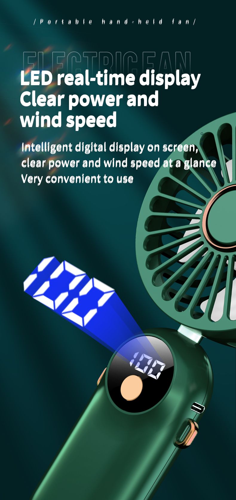 Klappbarer Handventilator, LED-Digitalanzeige, USB, großer windstiller tragbarer Ventilator, mit 2400 mAh, wiederaufladbar mit 5 Geschwindigkeiten_voghion.com