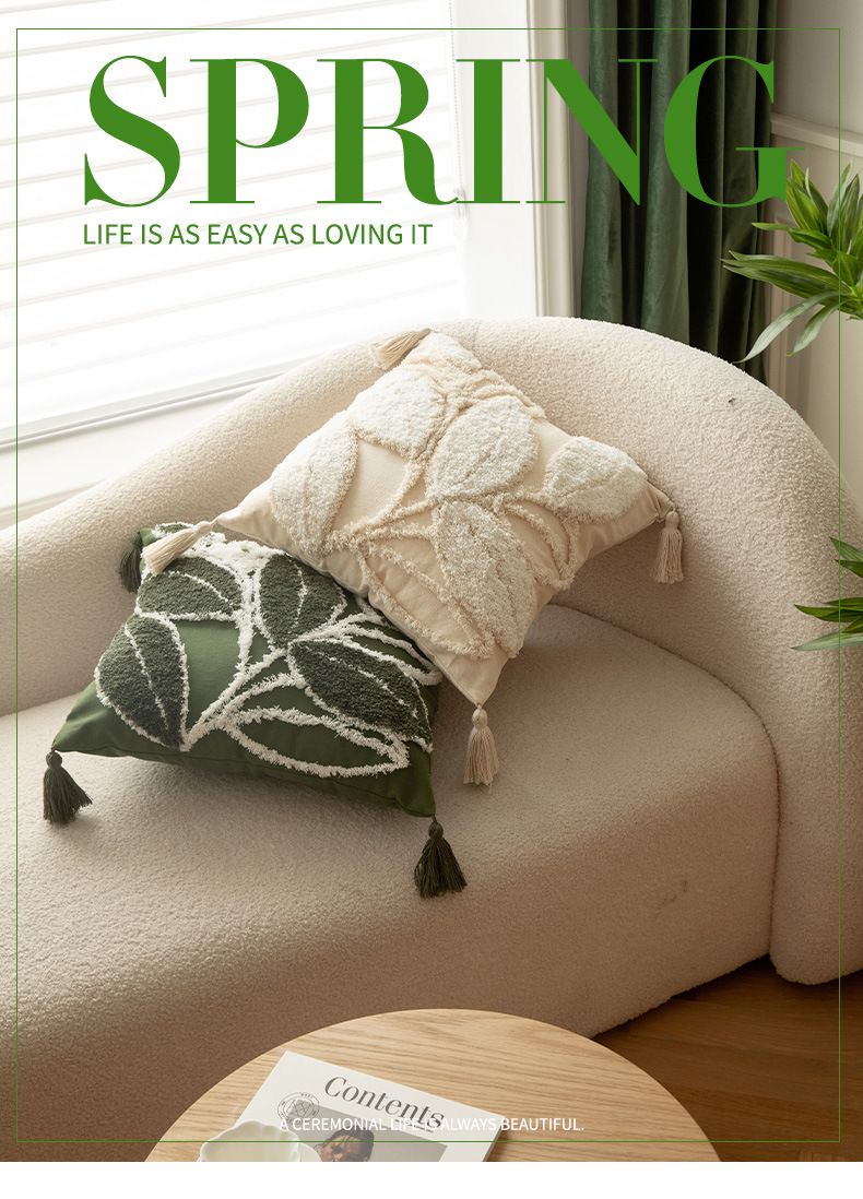 Federa per cuscino con motivo a foglie nordiche - Federa per cuscino in misto lino 45x45 cm per divano/letto (verde/beige) - Opzioni ricamo e pois trapuntati_voghion.com
