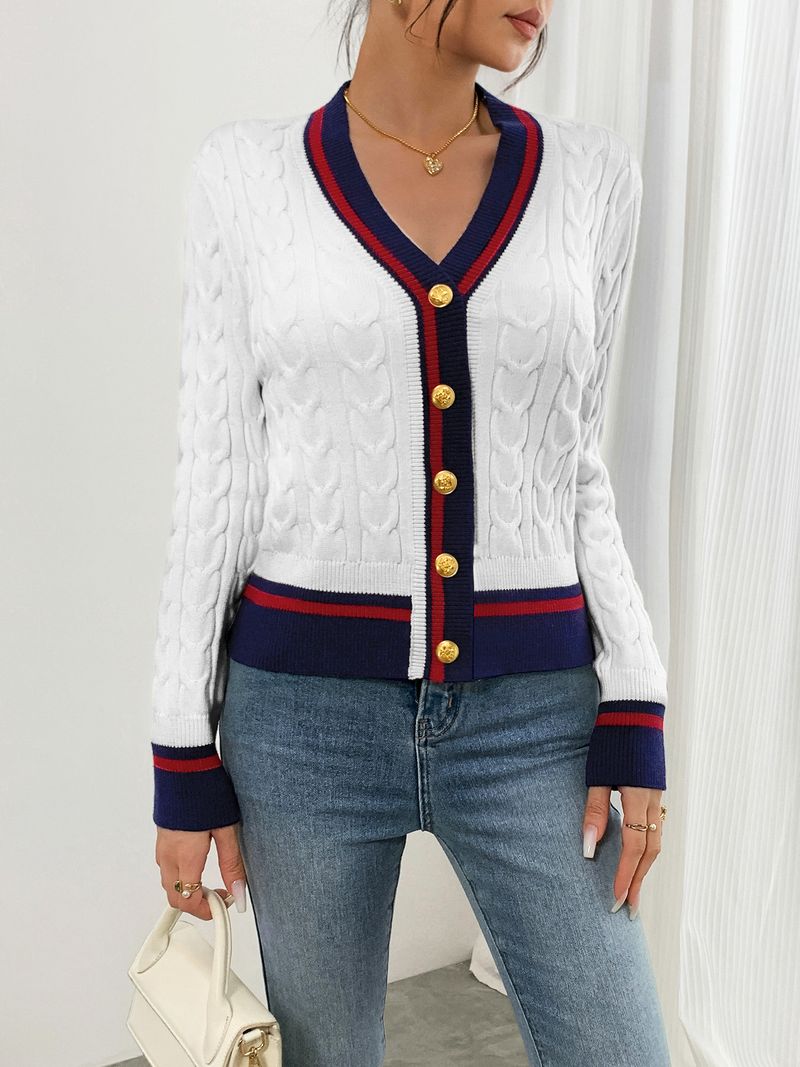 Cardigan in maglia a trecce con scollo a V e righe da donna - Maglione casual ed elegante da donna per primavera e autunno (bianco, dalla S alla XXL)_voghion.com