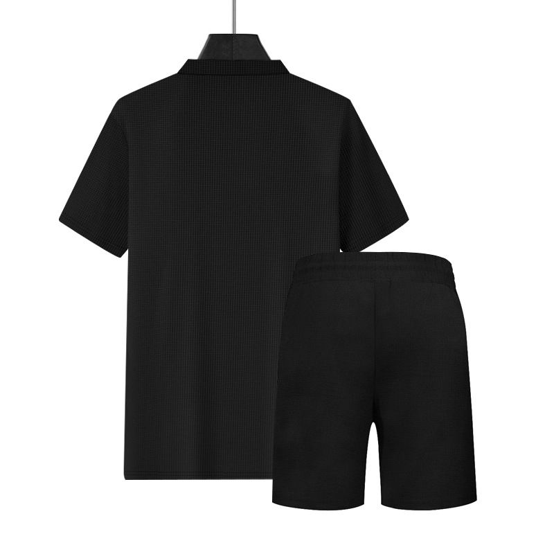 Polo ample à manches courtes et col gaufré pour homme, style américain, ensemble décontracté avec short et col gaufré_voghion.com