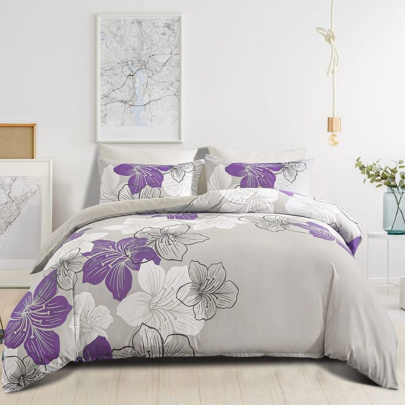Set di biancheria da letto traspirante con motivo floreale in morbida fibra, tre pezzi, copripiumino e copripiumino._voghion.com