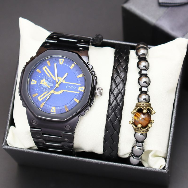 Geschenkbox Uhrenset Herren Quarz Wasserdicht Kalender Uhr Armband Stahlband_voghion.com