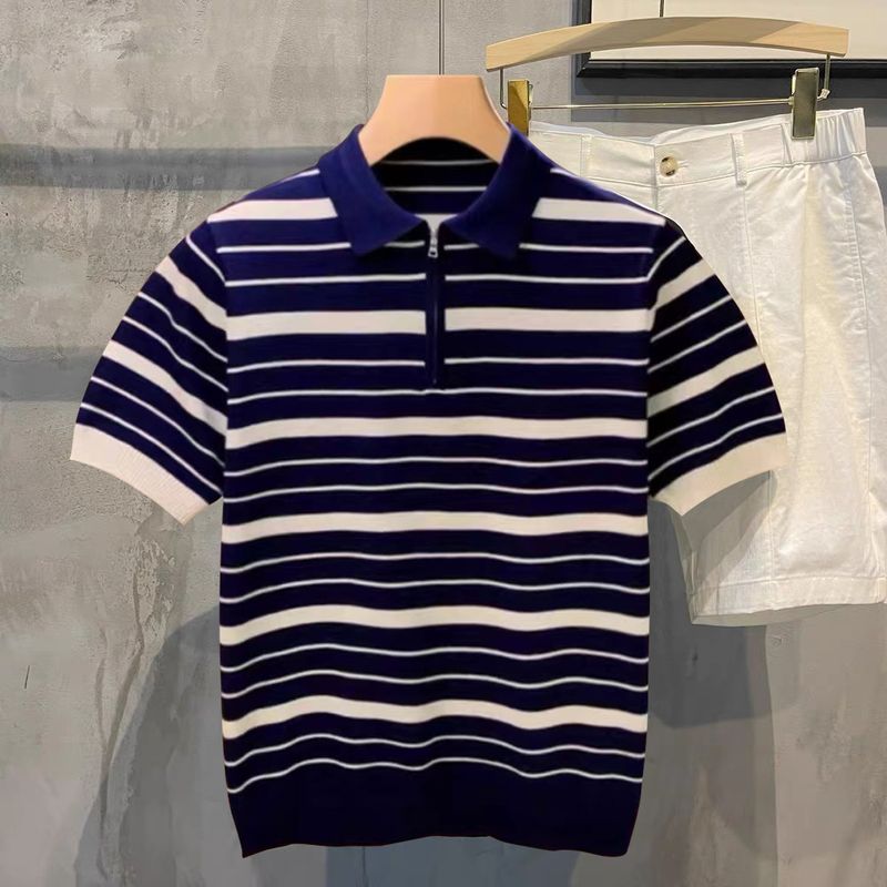 Herrenbekleidung Sommer leichtes, reifes, schlichtes, modisches, hochwertiges gestreiftes Poloshirt für Herren, junge, schlanke T-Shirts mit halbem Reißverschlusskragen für Herren_voghion.com