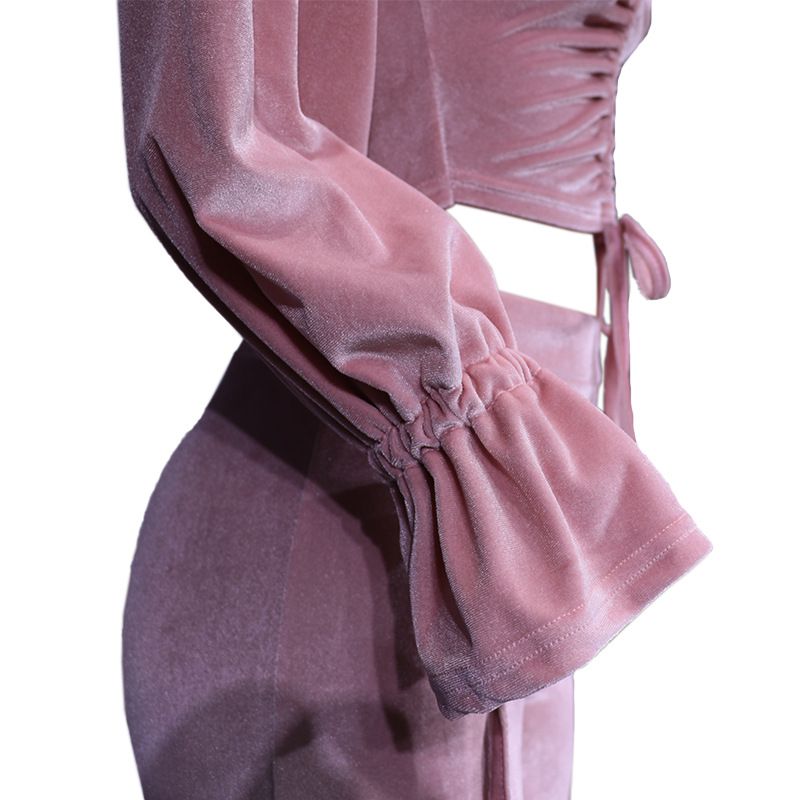 Women's Clothing autumn and winter sexy navel-baring long-sleeved top solid color micro-flared pants two-piece set_voghion.com