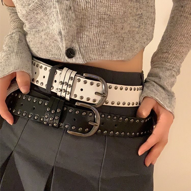 Women's New Summer Rivets Belt Hundreds Jeans Wide Version_voghion.com
