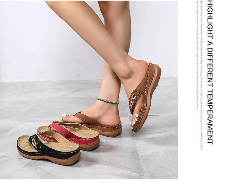 2025 Spring New Legged Cool Women's Round Head Hollow Metal Buckle Slope Heel Wear Solid Color Comfortable Herringbone_voghion.com