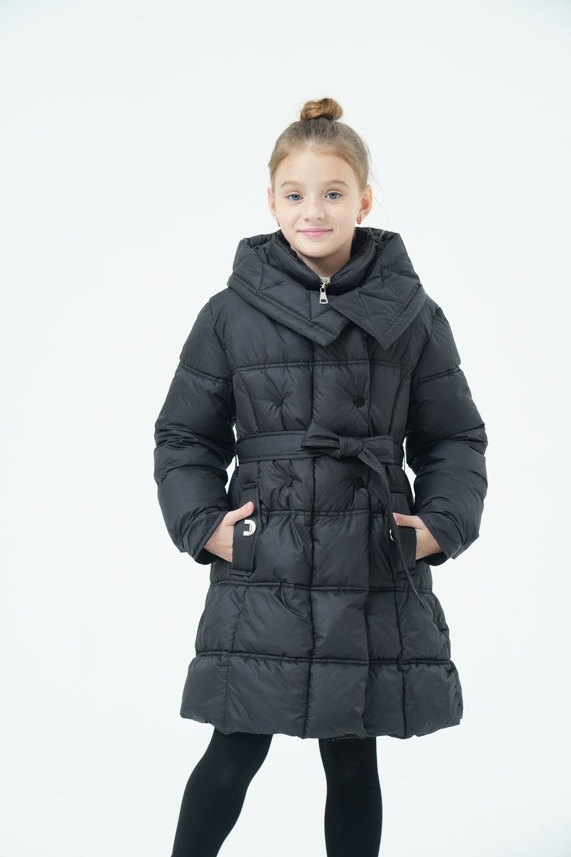 Mother & Kids Langer Puffermantel für Mädchen mit Gürtel und Kapuze – Warme Winterjacke mit Fleecefutter für Kinder (120–150 cm) – Lila/Wassermelonenrot/Schwarz_voghion.com