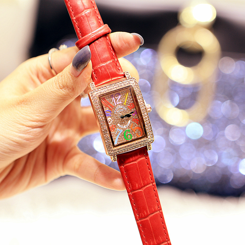 Internet famous fashionable women's with rectangular diamond inlay, colored digital real belt, trendy and waterproof_voghion.com