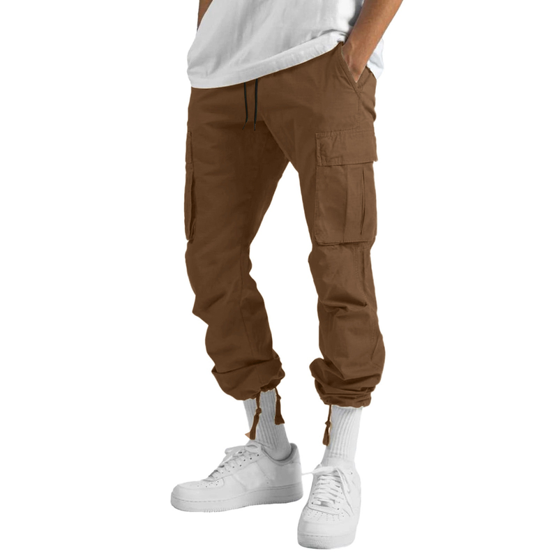 Calça cargo masculina amarrada com vários bolsos casual_voghion.com