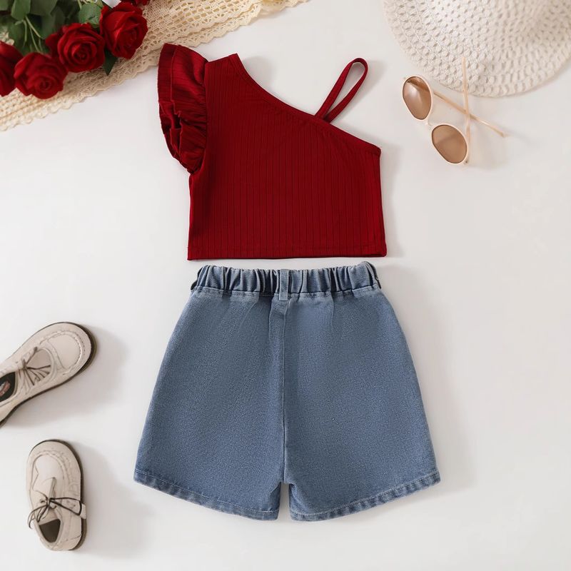 Ropa para niños Pantalones cortos de mezclilla para niñas Pantalones cortos de mezclilla de estilo nuevo de verano para niñas Chaleco rojo Traje corto de mezclilla_voghion.com