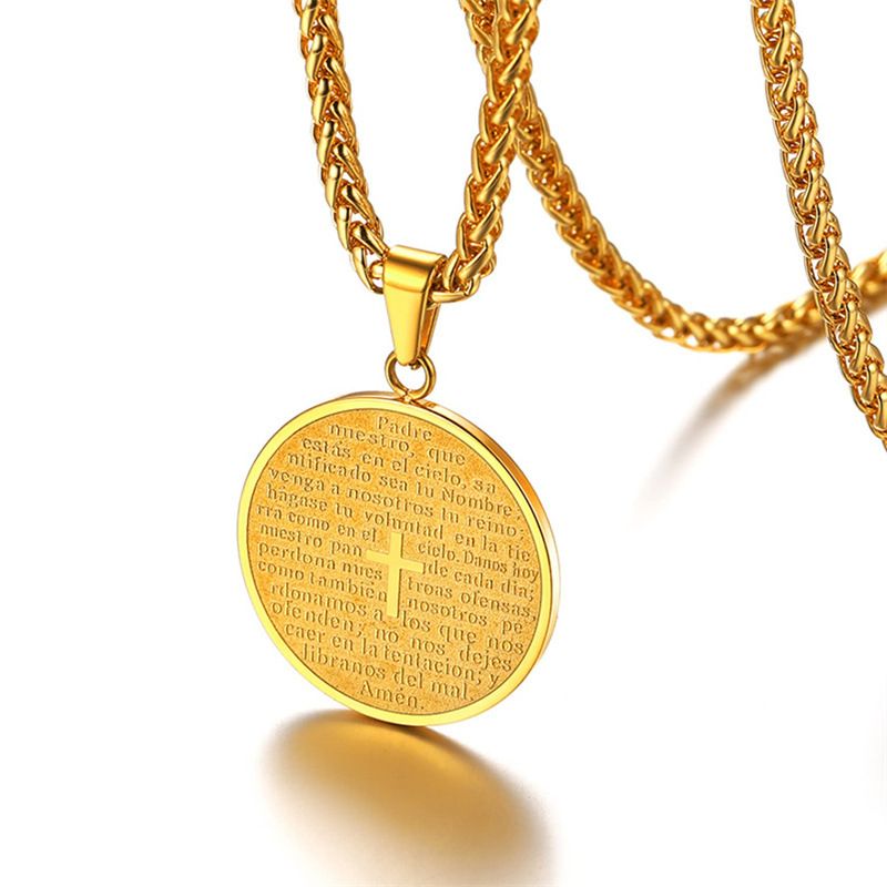 Collana con ciondolo rotondo in acciaio inossidabile con lettera e croce, regalo di gioielli di grande successo_voghion.com