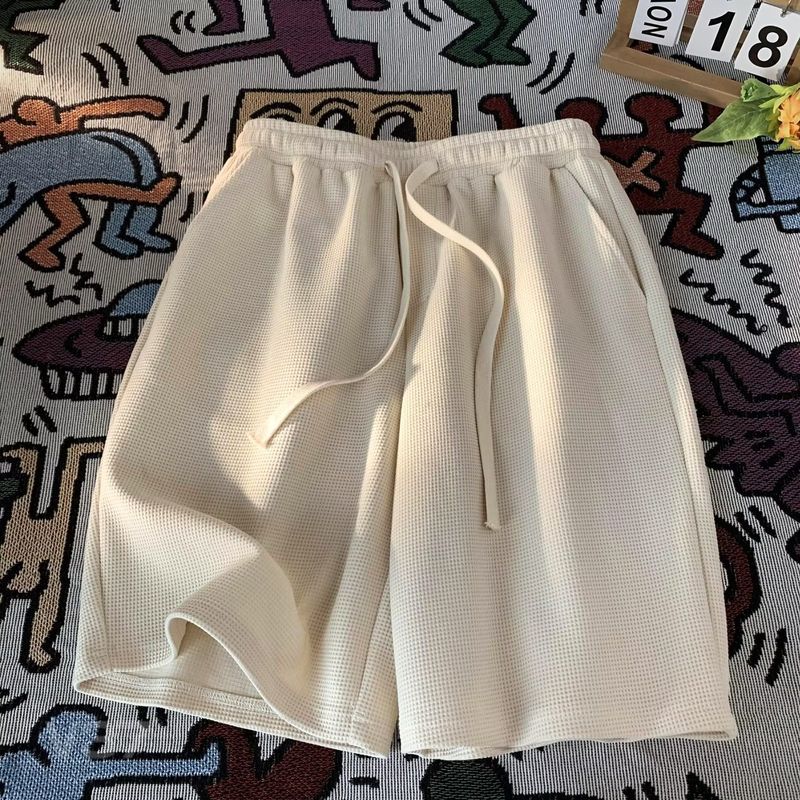 Men's Khaki Waffle Shorts Summer Lightweight Loose Fit Casual Sports Shorts With Drawstring Breathable Comfortable_voghion.com