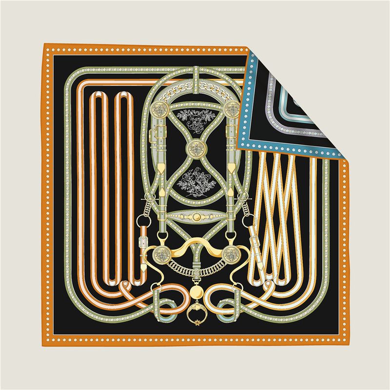 Neuer doppelseitiger, bedruckter Damenschal aus Twill-Seide mit Farbblockmuster und Kettengürtel, 90 cm, großes quadratisches Halsteil, dekorativer Schal_voghion.com