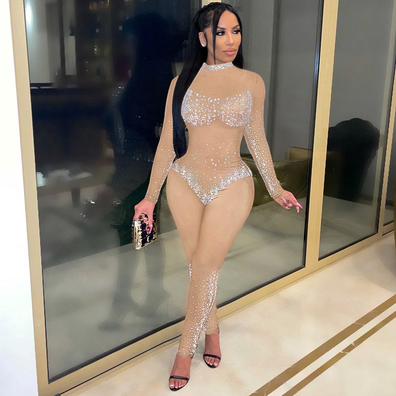 Moteriški drabužiai Sexy Meh Through Hot Diamond Kelnės ilgomis rankovėmis kombinezonas moterims_voghion.com