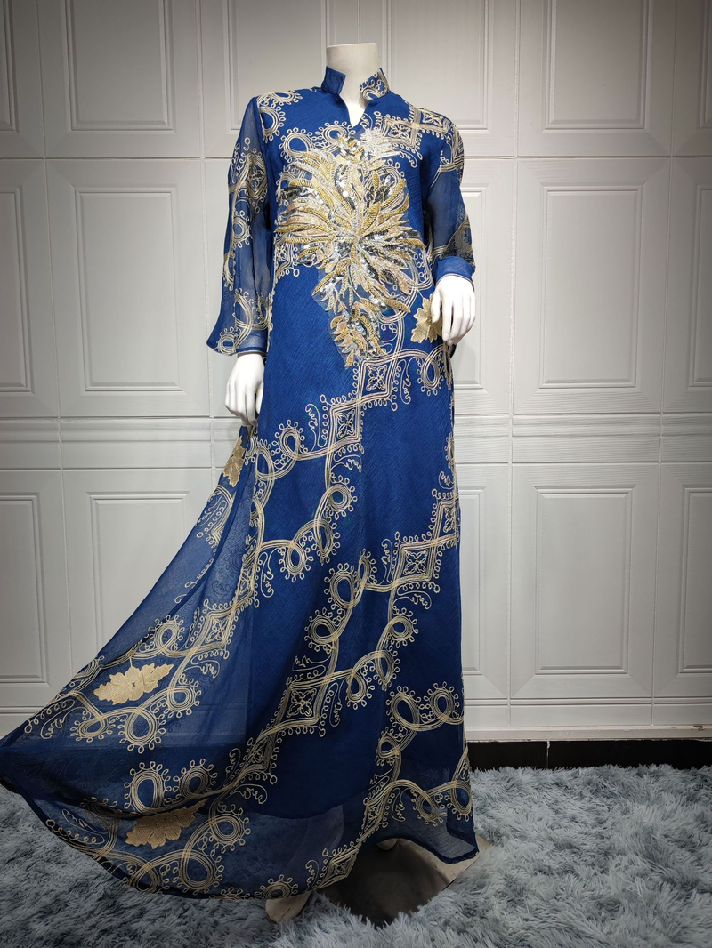 Női ruha, abaya, muszlim etnikai stílusú, gyöngyös, virágos, nagy szoknyájú estélyi ruha_voghion.com