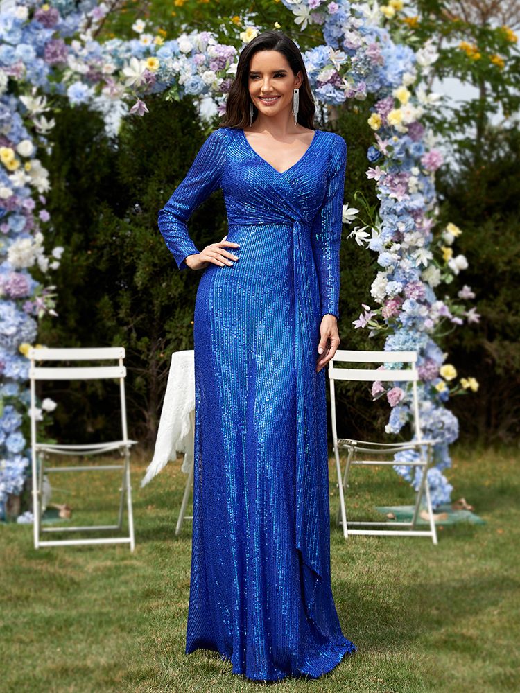 Abito da sera a sirena con scollo a V e maniche lunghe da donna_voghion.com