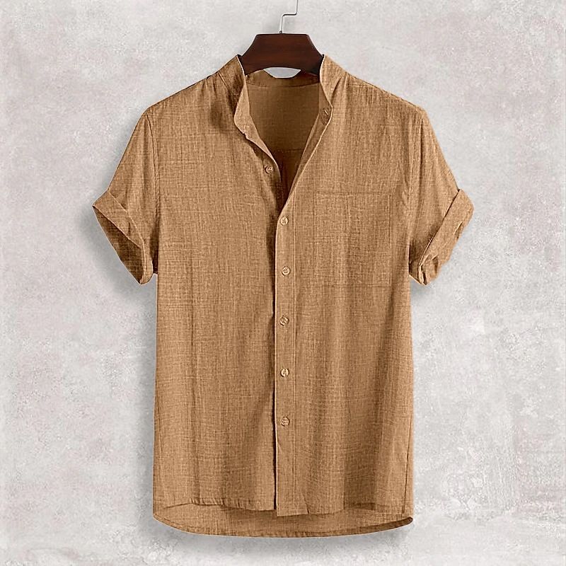 Herrenbekleidung Baumwolle und Leinen Revers Kurzarm Einfarbiges Hemd Lässiges Strickjacke Herrenhemd_voghion.com
