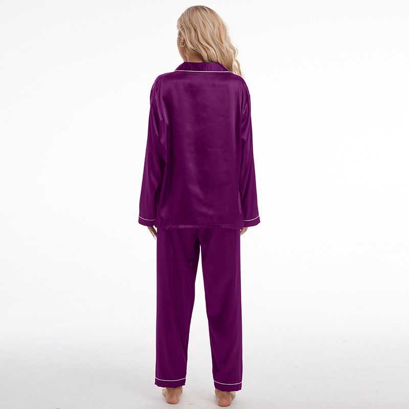 Homewear Turn-down Collar Ice Silk Pajamas Women's Sleeve Long Pants Two-piece Set Plus Size Satin_voghion.com