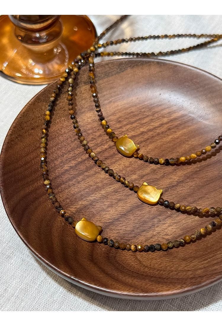 Women’s Mocha Gold Brown Shell Cat Pendant Necklace - Small Grain Design With Faceted Tiger Eye Stone, Ideal Autumn Winter Sweater Chain_voghion.com