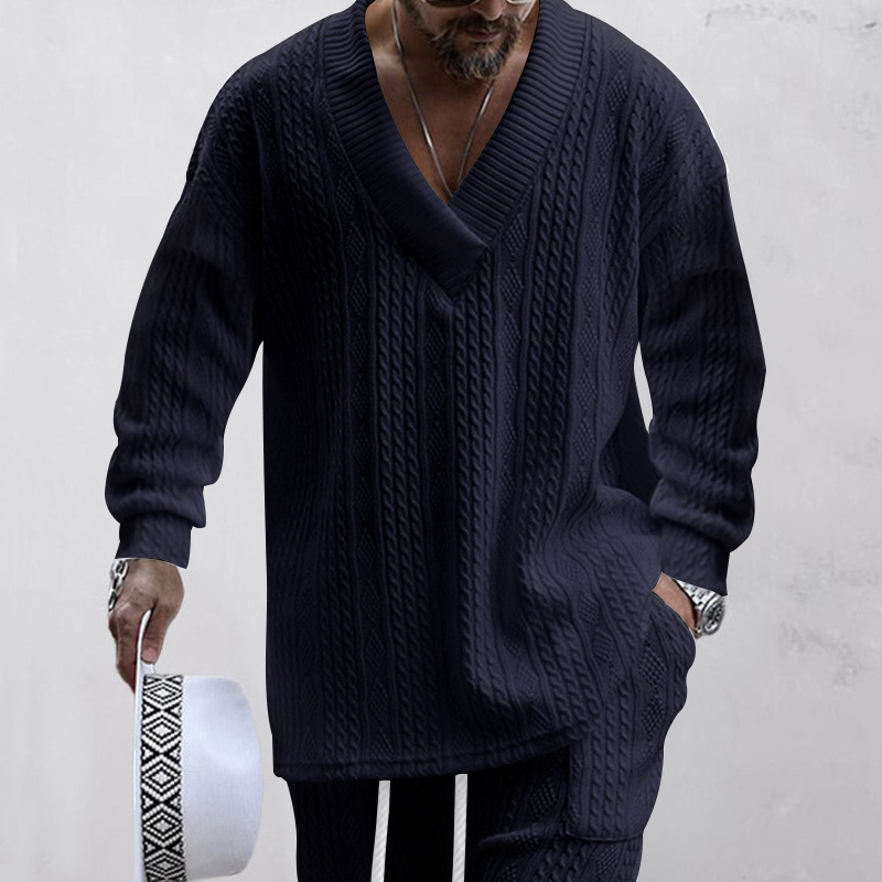 2023 Herbst Casual Strickpullover Herren Lose Langarm T-Shirt Herren V-Ausschnitt Pullover Jacquard Top_voghion.com