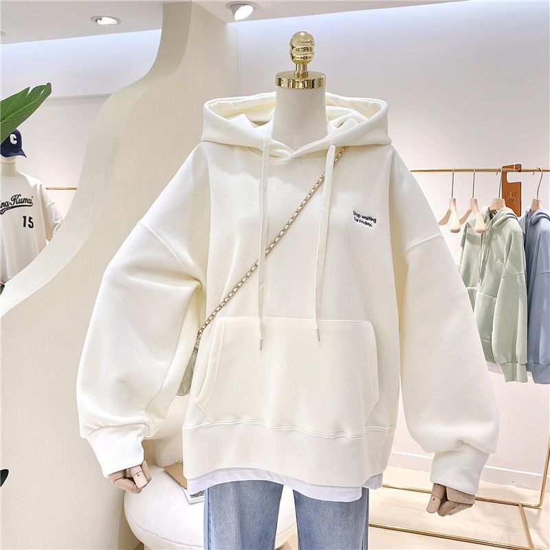 Felpa con cappuccio da donna in velluto ispessito 2021 autunno e inverno nuovo articolo unito fk due pezzi versione coreana semplice_voghion.com