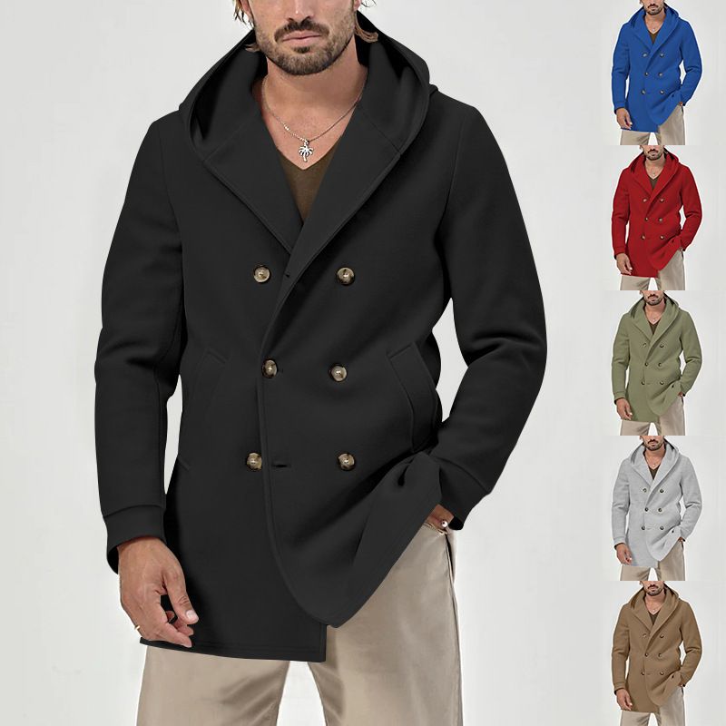 Men's Stylish Trench Coat With Double Breasted Design, Mid-Length Cotton Blend Jacket For Spring & Autumn, Slim Fit Casual Coat_voghion.com