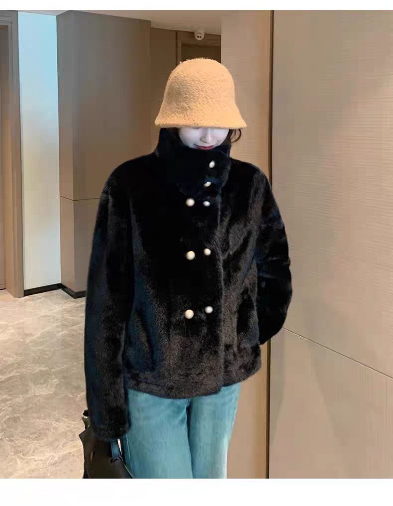 Giacca corta in visone sintetico – Cappotto corto oversize per donne minute (avorio/nero/talpa, taglia unica)_voghion.com