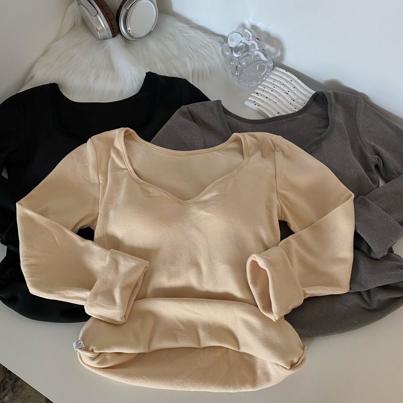 Maglia termica in pile caldo con petto imbottito, scollo a V, vestibilità attillata, manica lunga, strato di base per donna, autunno inverno_voghion.com