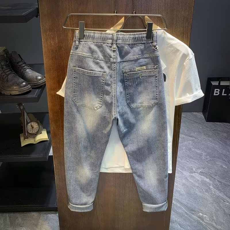 Jeans for men, spring new urban high-end trendy brand leggings, micro Ha men's casual elastic slim fit cropped pants_voghion.com