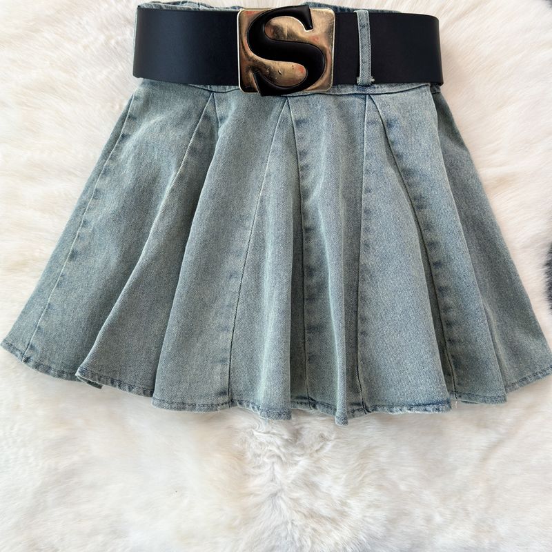 Roupas femininas Terno jeans retrô Top feminino Hottie Anti-exposição A Line Saia plissada Hottie Terno de duas peças_voghion.com