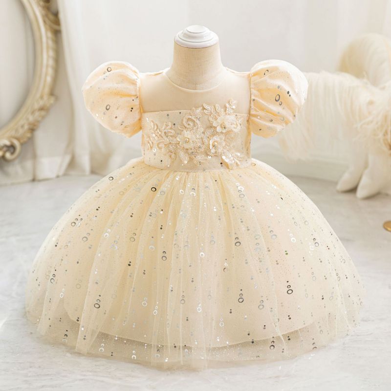 2024 nouvelle robe d'hôte pour enfants robe de soirée pour fille de fleur d'un an robe de princesse florale à manches bouffantes robe en gaze en stock_voghion.com