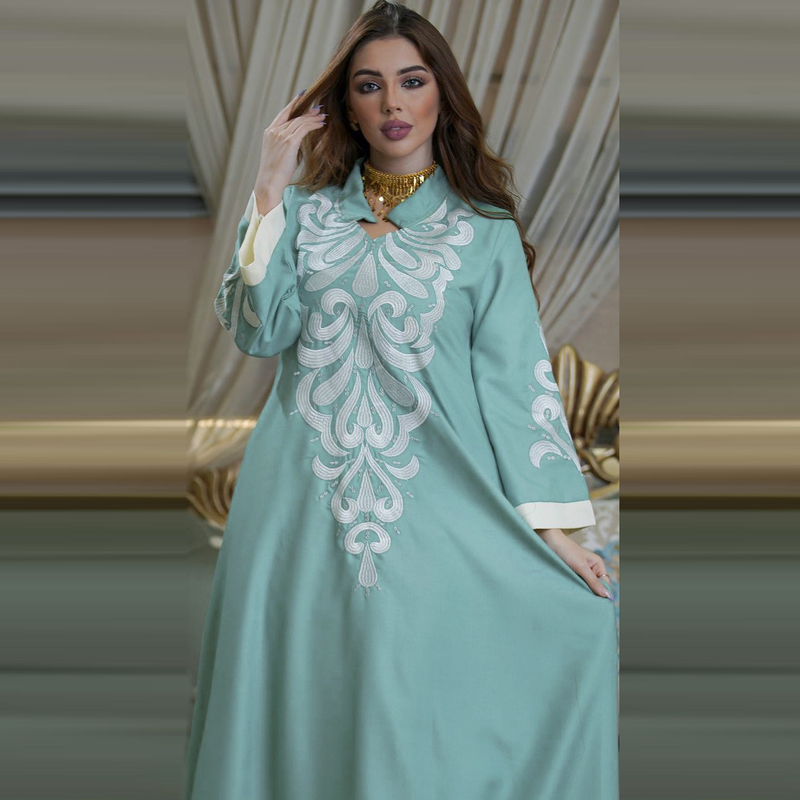 Dames zomer Abaya patchwork jurk geborduurd moslim Ramadan Dubai gewaad_voghion.com