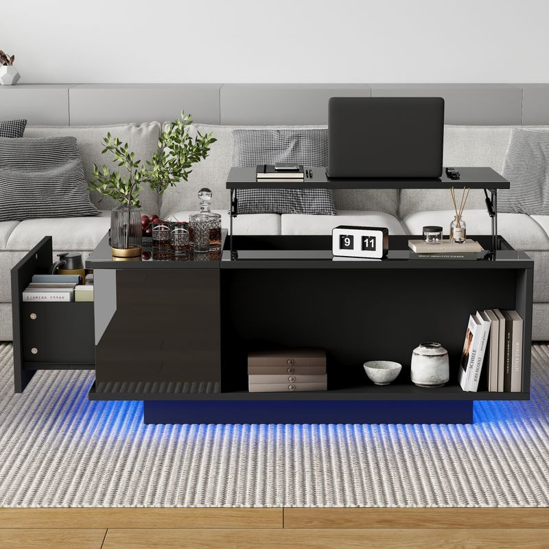 Table basse réglable en hauteur 100 x 50 x 40 cm avec rangement dissimulé, éclairage LED, tiroir, table d'appoint de salon, noire_voghion.com