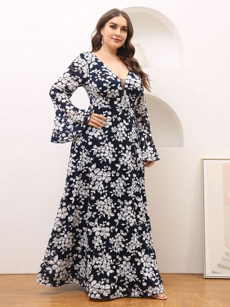 Elegantes Maxikleid mit langen Ärmeln und Blumenmuster für Damen – Abendkleid in Übergröße mit V-Ausschnitt und A-Linie und Glockenärmeln, perfekt für Partys und besondere Anlässe_voghion.com