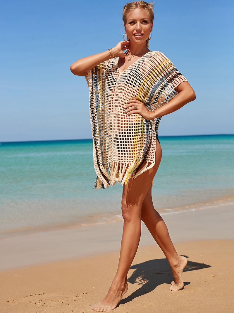 Damen Strandüberwurf, gestrickt, Regenbogenfarben, Urlaubsüberwurf, Strickpullover_voghion.com